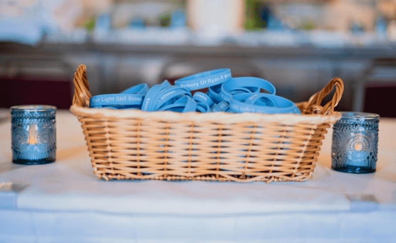 Basket filled with neatly folded blue cloth face masks.